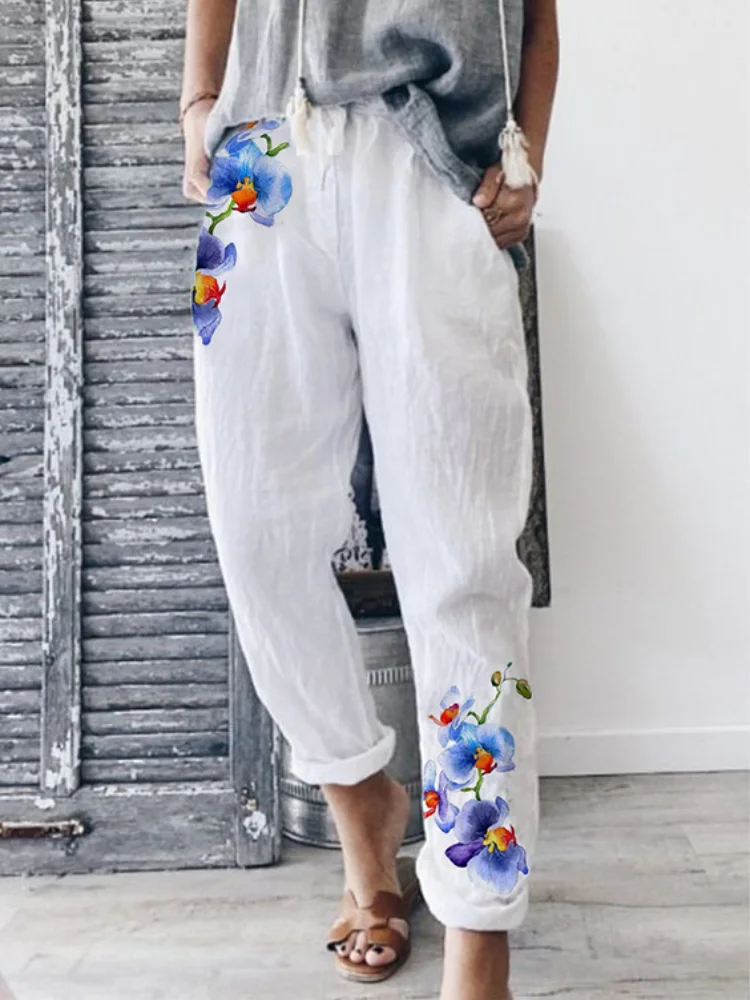 Watercolor Floral Print Casual Pants