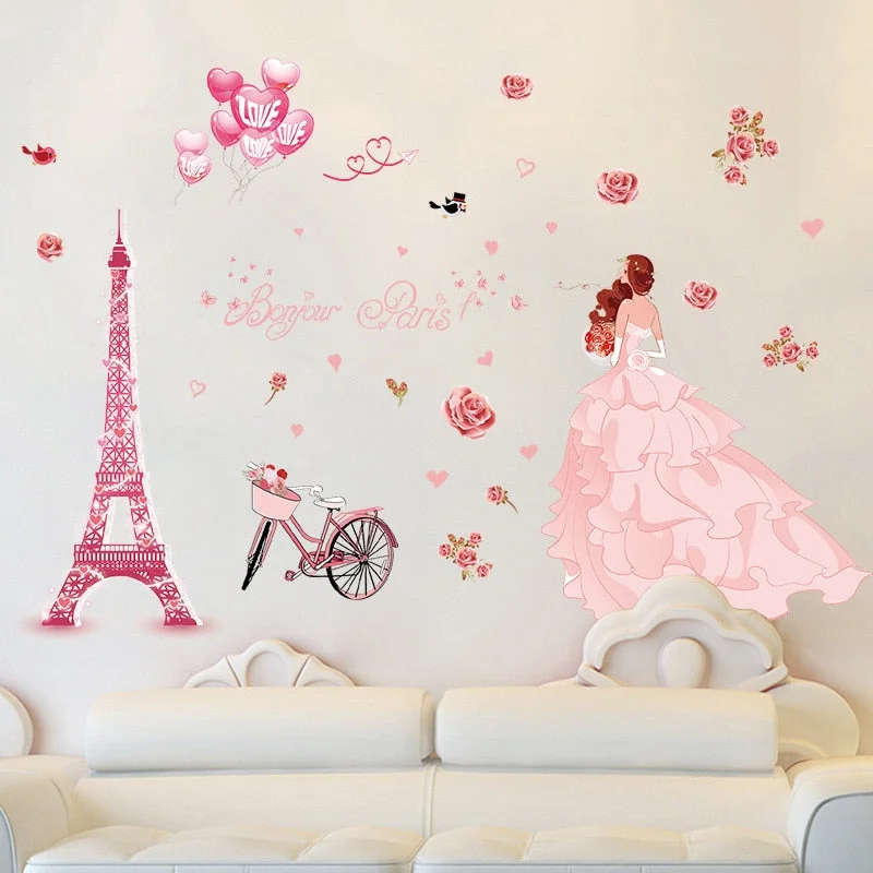Romantic Pink Flower balloon Wedding Girl Love Wall Stickers For Girls Room Decoration Hello Paris tower Mural Pvc Art Wallpaper
