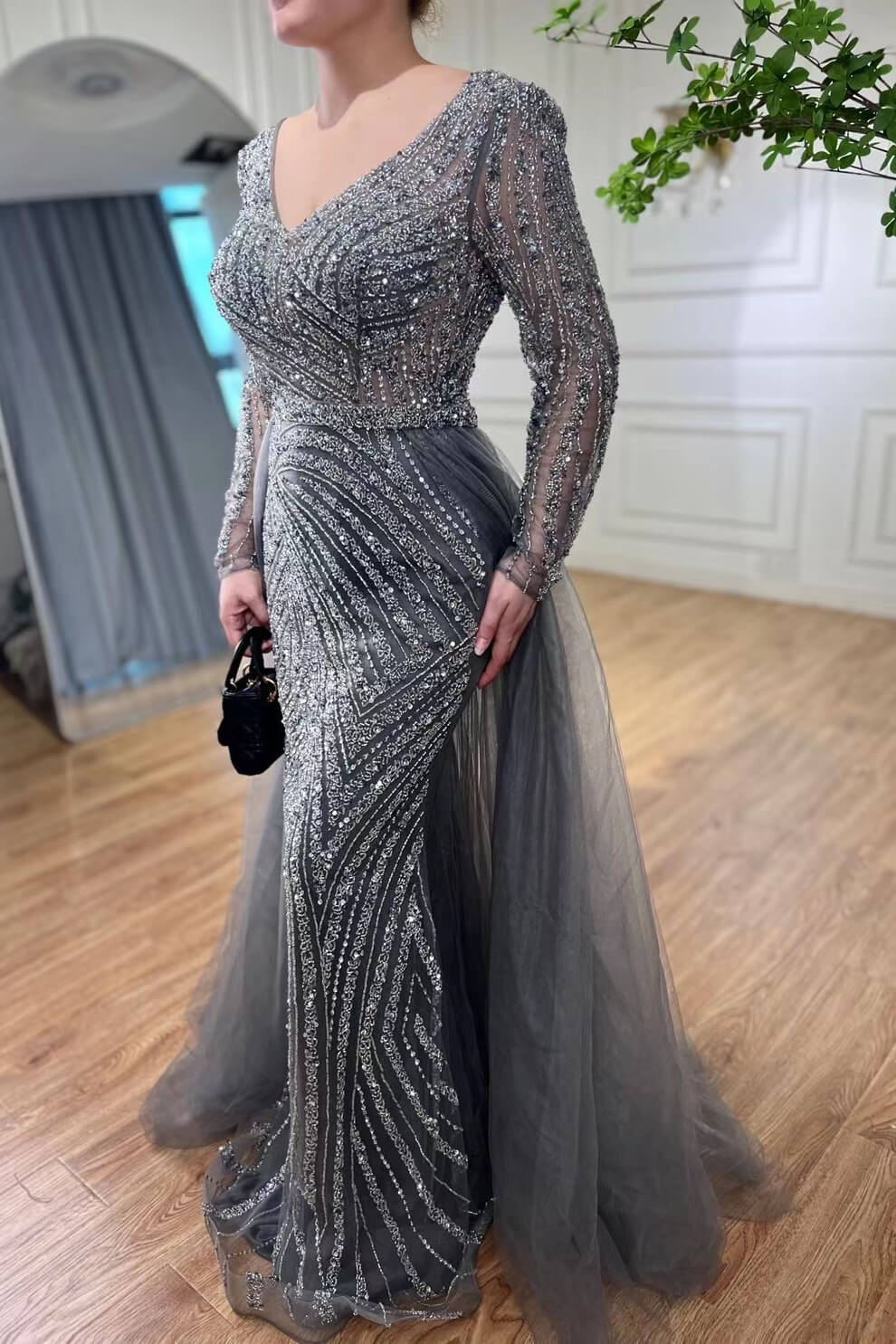 Luluslly Grey Long Sleeves Mermaid Evening Dress With Beadings Overskirt V-Neck