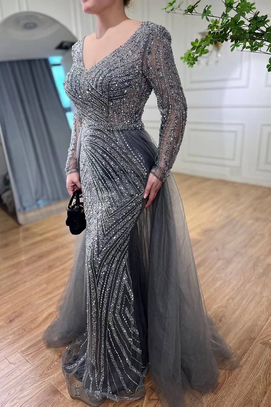 Bellasprom Grey V-Neck Long Sleeves Mermaid Prom Dress With Beadings  Overskirt