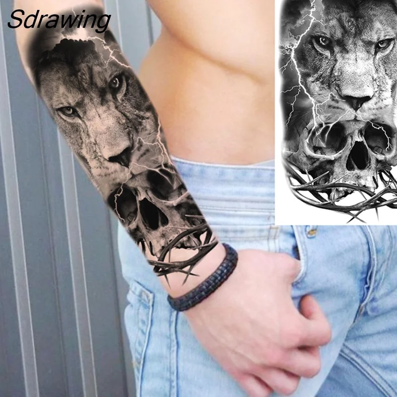 Sdrawing Warrior Punk Skeleton Gangster Rose Flower Temporary Tattoos For Women Men Lion Tiger Skull Rose Fake Tattoo Sexy Arm