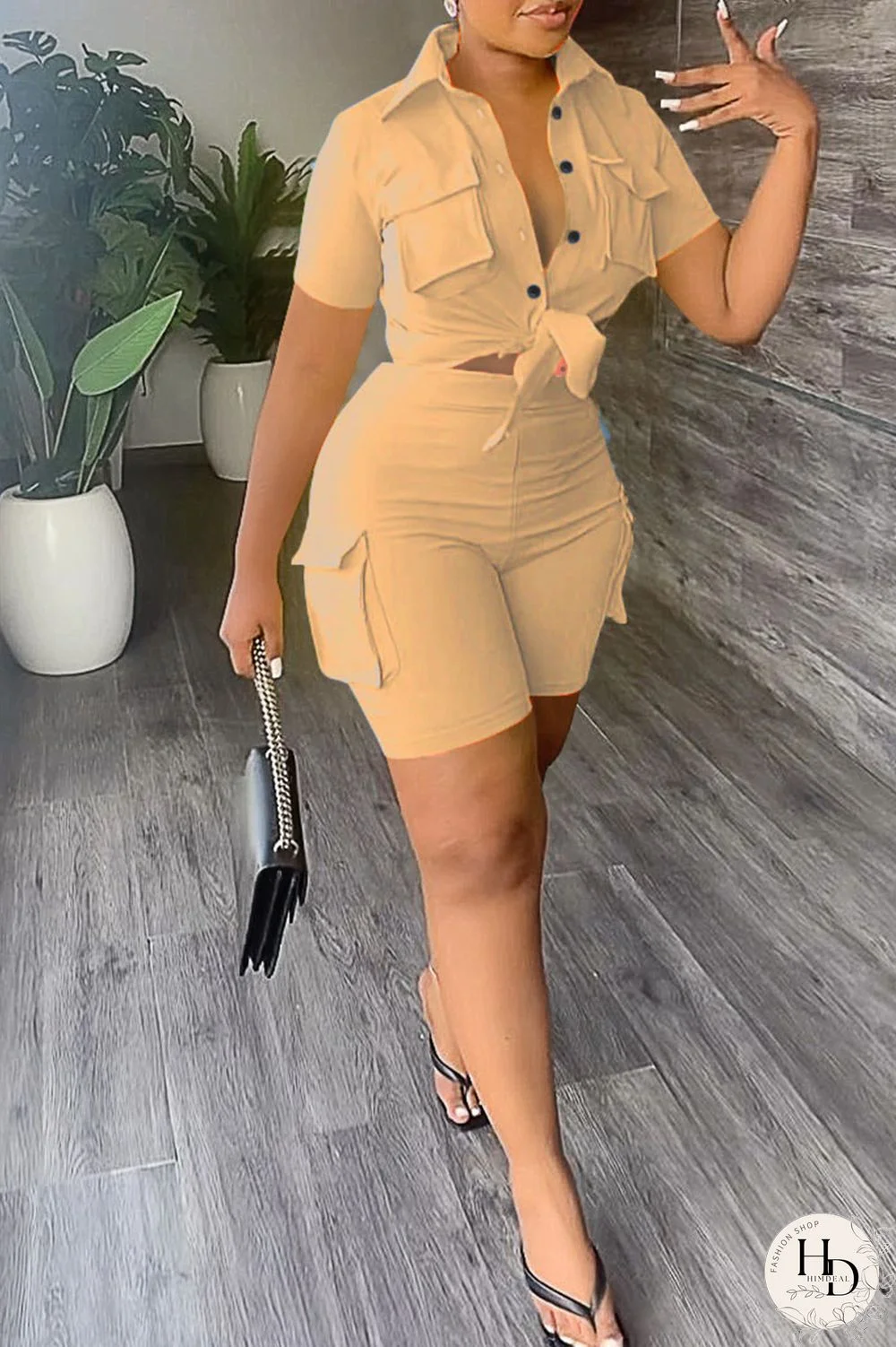 Khaki Casual Solid Bandage Patchwork Pocket Buckle Turndown Collar Short Sleeve Two Pieces