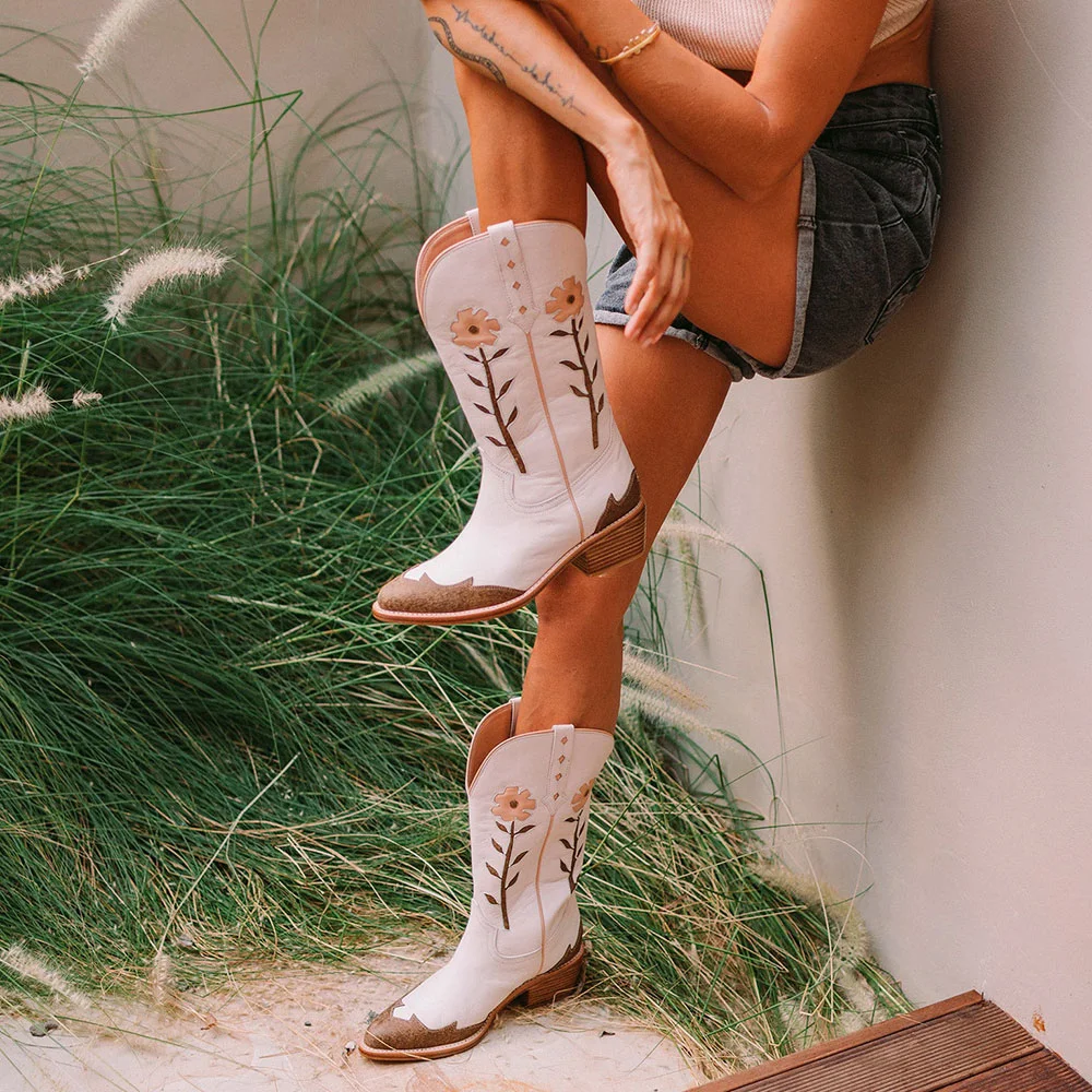 White & Brown Closed Toe Flower Inlay Mid-Calf Cowgirl Boots