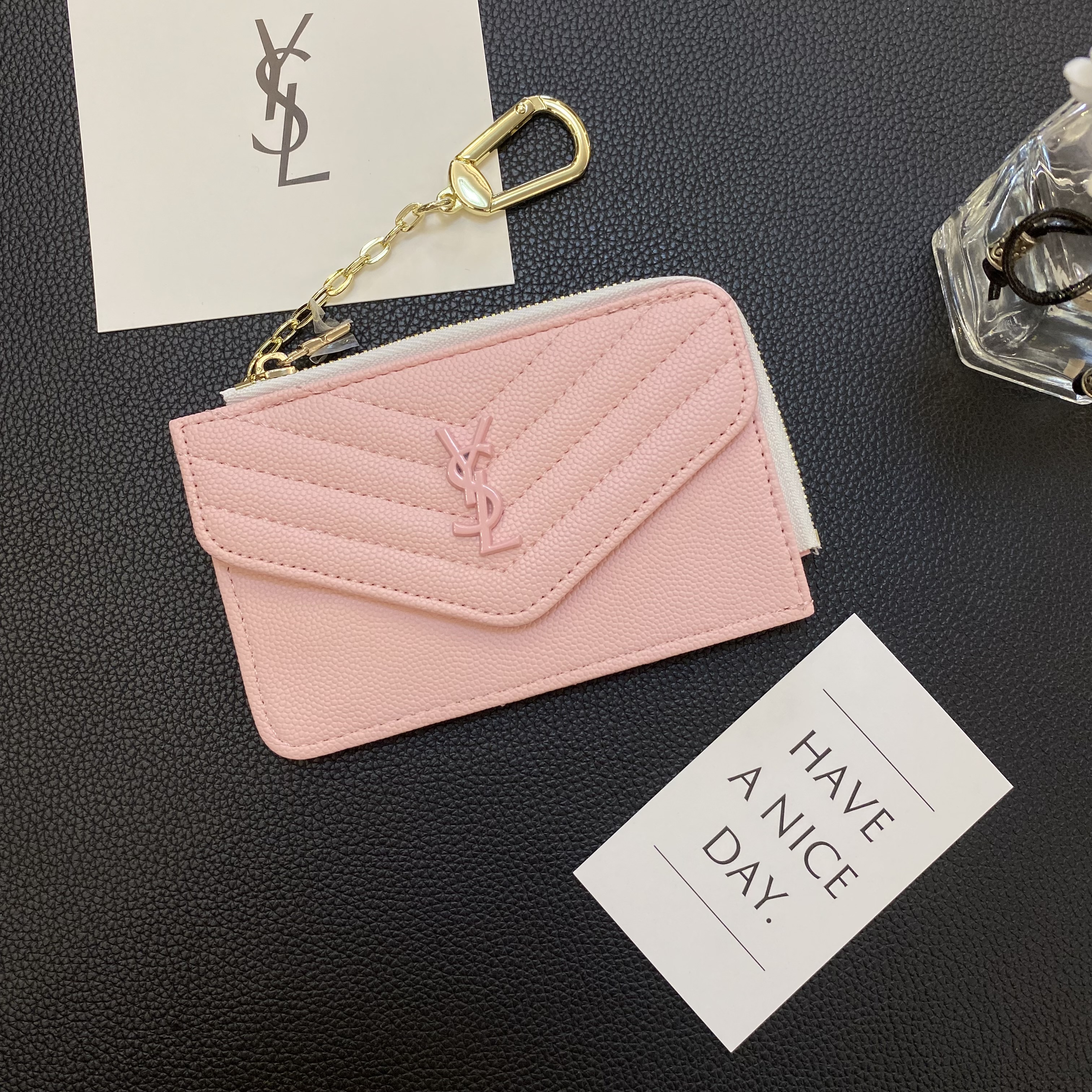 Luxury YSL Genuine Leather Wallet Card Holder Secure Buttons Zip Bag