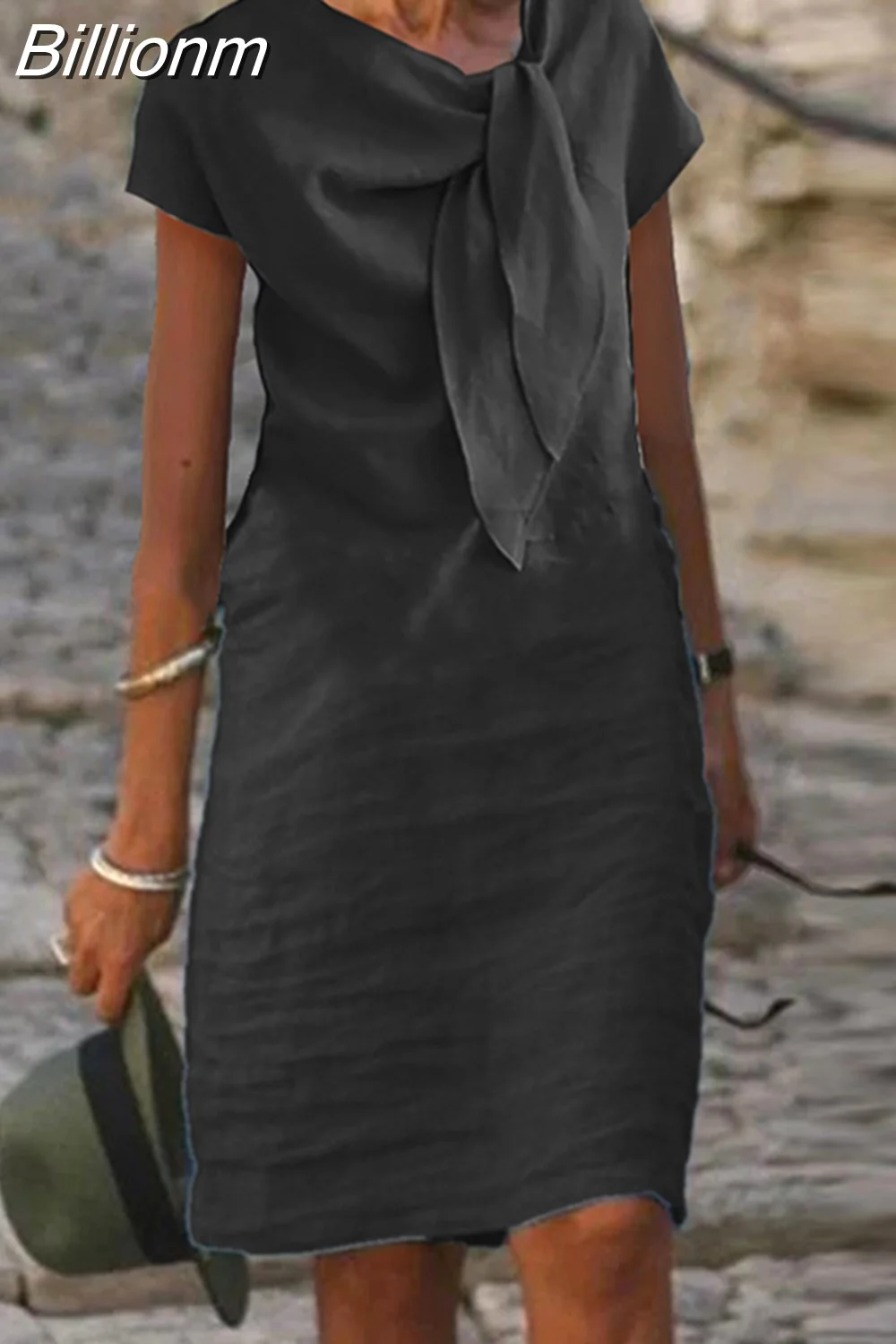 Billionm Female Slim A Line Dress Elegant Women Cotton Linen Solid Color Mini Dress 2023 Summer Short Sleeve Lace-Up Bow Fold Dress