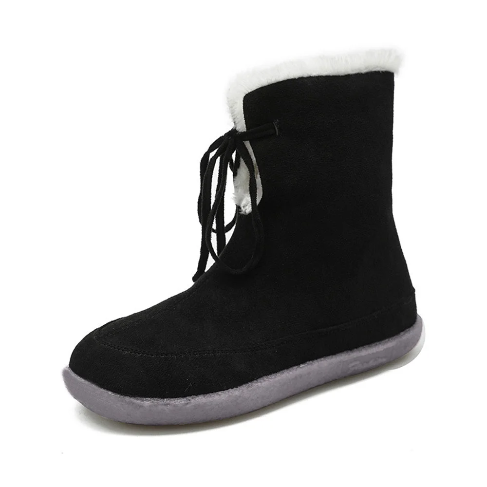 Smiledeer Women's round toe flat fleece lace-up snow boots