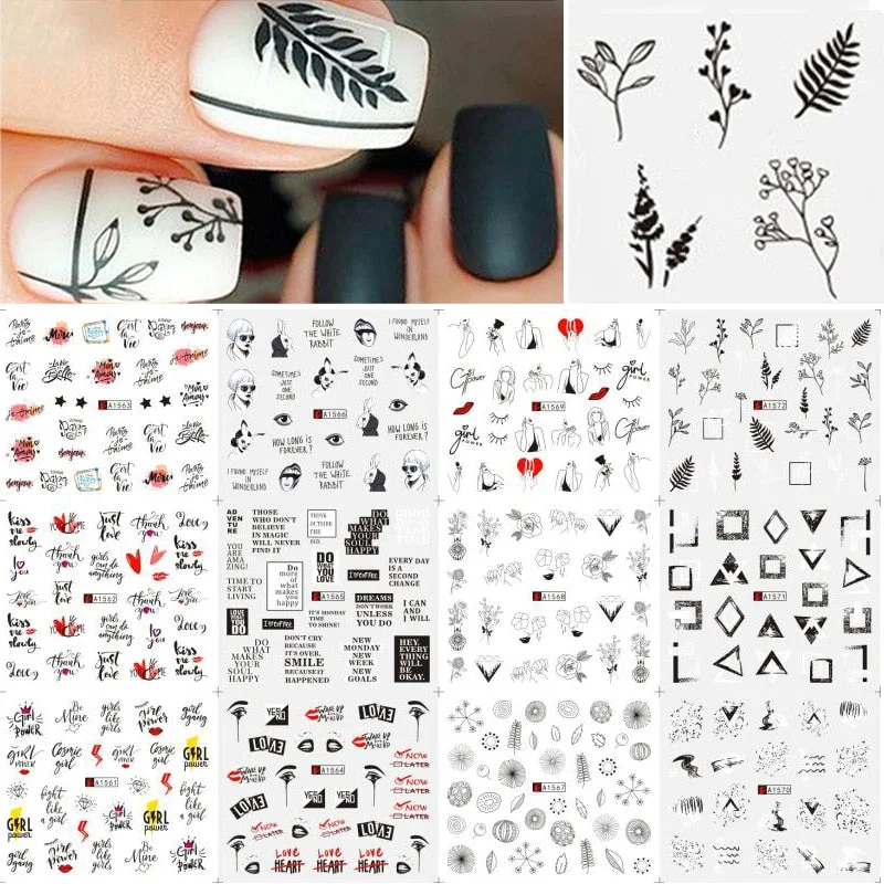 12 Styles Harunouta Nail Water Decals Maple Leaves Geometric  Line Nail Water Stickers Slider Nail Art Decoration Wraps-Nail Inspo