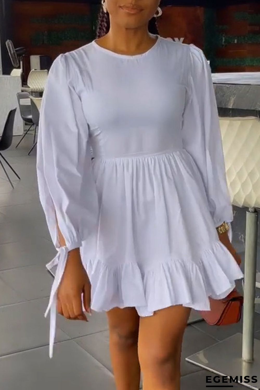 White Casual Solid Patchwork Frenulum Fold O Neck A Line Dresses | EGEMISS