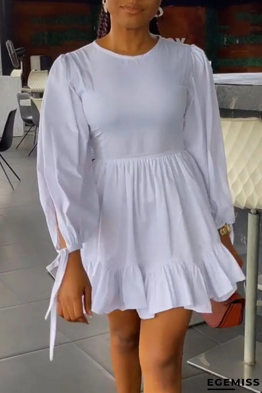 White Casual Solid Patchwork Frenulum Fold O Neck A Line Dresses | EGEMISS