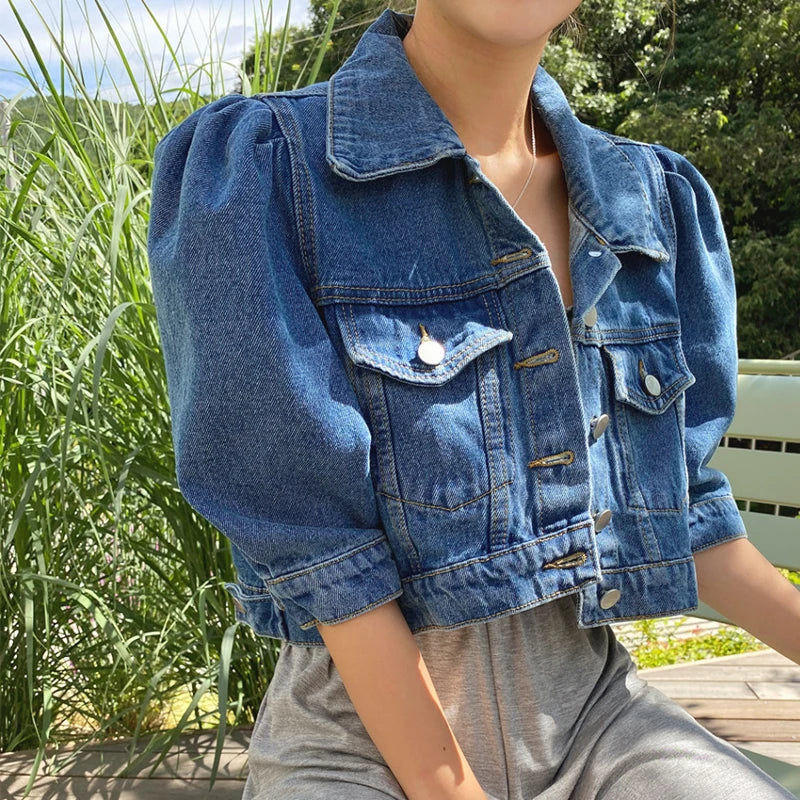Syiwidii Crop Denim Jacket Women Puff Sleeve 2022 Summer Street Korean Fashion Designer Short Blue Jean Coat Ladies Outerwear LANFUBEISI