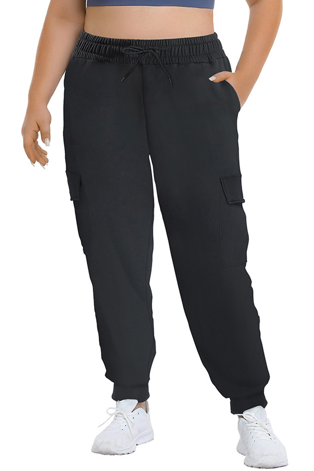 Plus Size Casual Black Drawstring Elastic Waist Cargo Jogger Pants 2024 - Flycurvy 