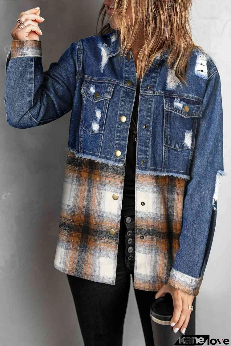 Plaid Distressed Raw Hem Snap Down Denim Jacket