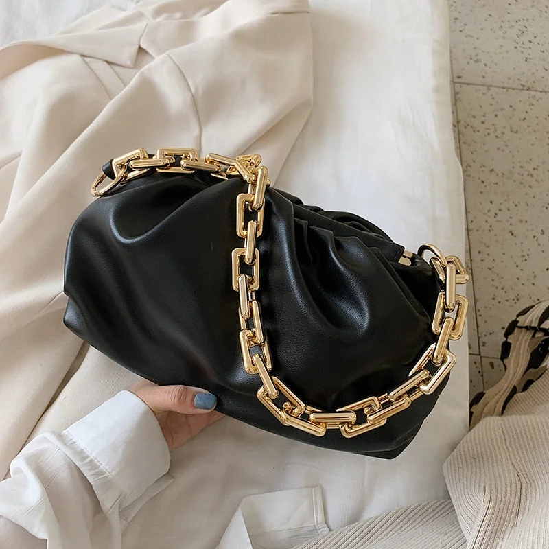 LEFTSIDE Gold Chain PU Leather Bag For Women 2022 Summer Armpit Bag Lady Shoulder Handbags Female Solid Color Travel Hand Bag