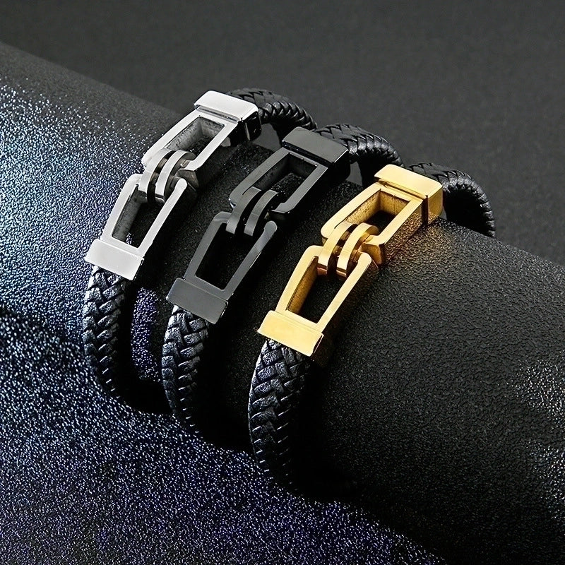 Fashion Solid Color Cowhide Titanium Steel Inlaid Gold Men's Bangle