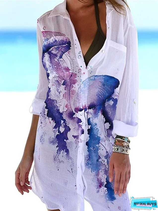 Shirt Dress Cover Up Beach Wear Mini Dress Pocket Print Fashion Casual Fish Turndown 3/4 Length Sleeve Loose Fit Outdoor Daily White Blue Summer Spring S M L XL for Women