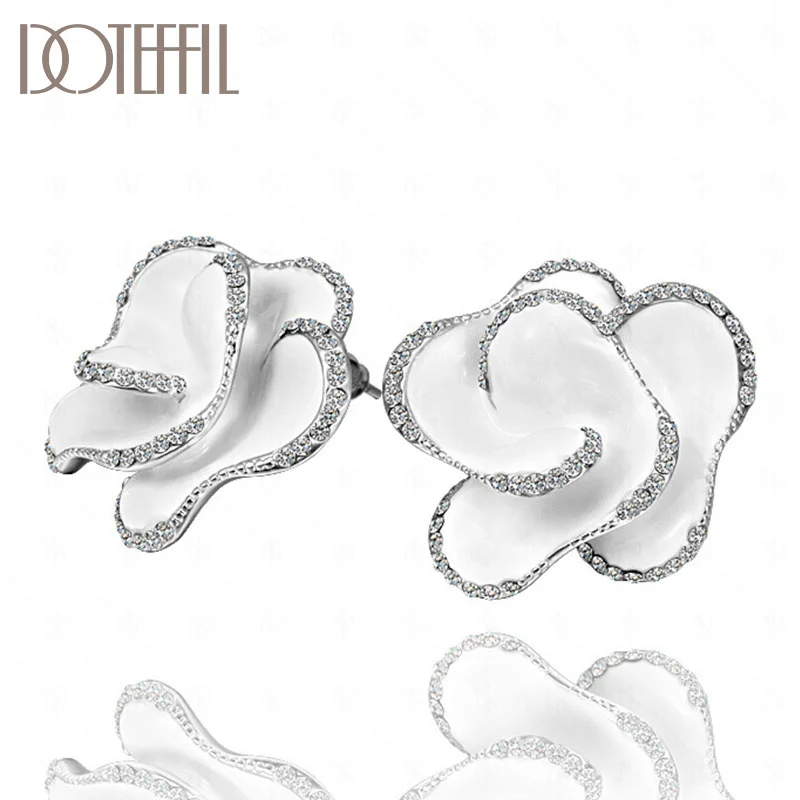 DOTEFFIL 925 Sterling Silver/18K Gold/Rose Gold AAA Zircon Flower Charm Earrings Women Jewelry