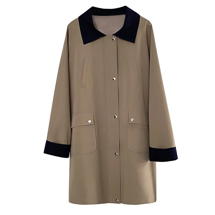Casual Loose Lapel Contrast Color Long Sleeve Pockets Zip-up Trench Coat