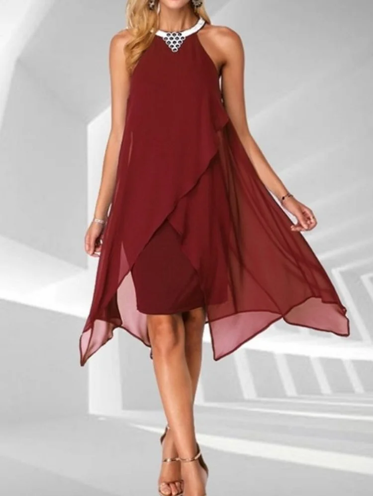 Elegant Plain Spliced Mesh Sleeveless Irregular Hem Halter Dress