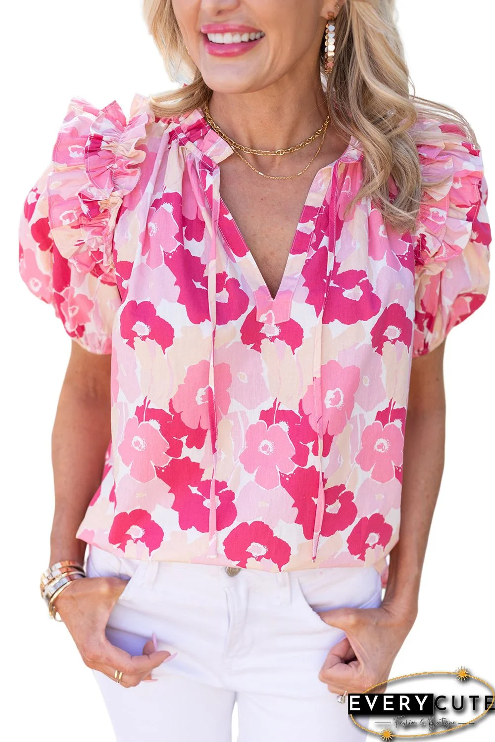 Pink Split Neck Ruffled Puff Sleeves Floral Top