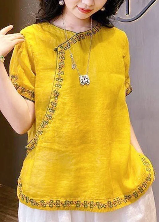Chinese Style Yellow O-Neck Embroidered Linen Tops Short Sleeve