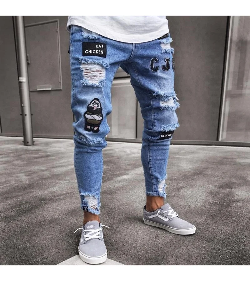 Men Fashion Applique Ripped Jeans S-3XL
