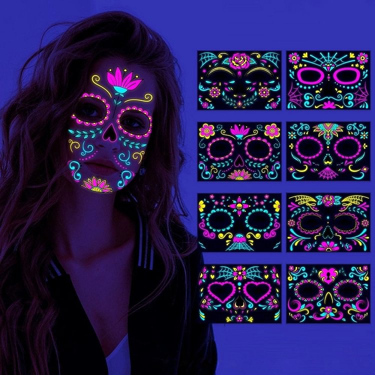 🎃New Fluorescent Halloween Face Tattoo Sticker Day of the Dead Funny Temporary Neon Face Sticker 