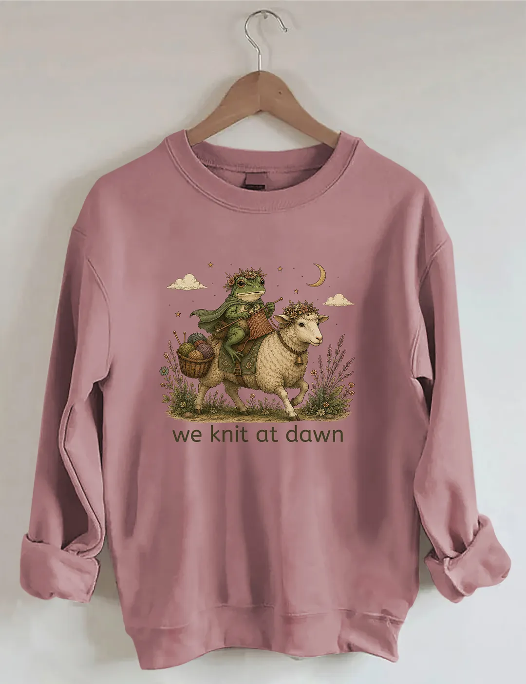 We Knit At Dawn Knitter Frog And Sheep Sweatshirt