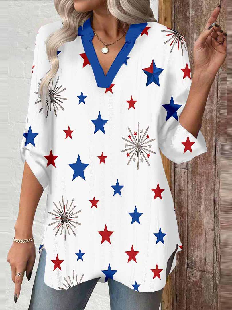 Women  Independence Day, Star, Striped, Blue, Red DZGA0227 3/4 Sleeve V-neck Printed Graphic Button Tops