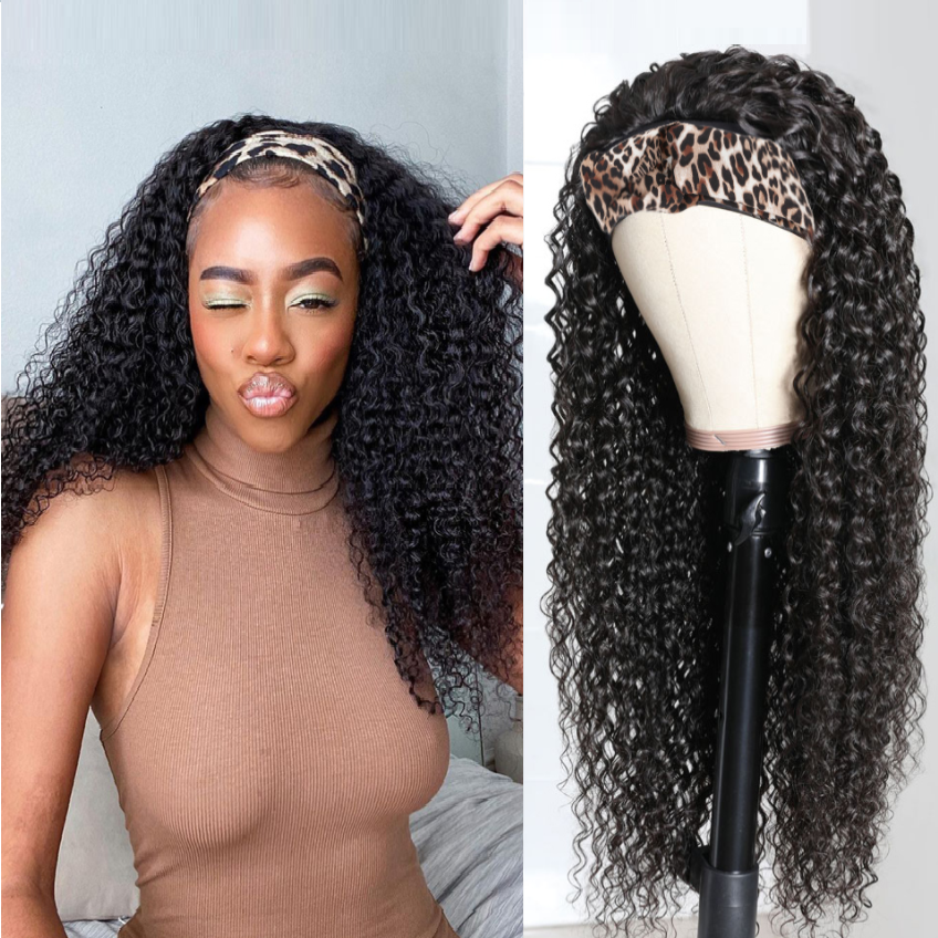 Brazilian Kinky Curly Glueless Headband Wig 180%&220% Density Natural Color Human Hair Wigs Bling Hair