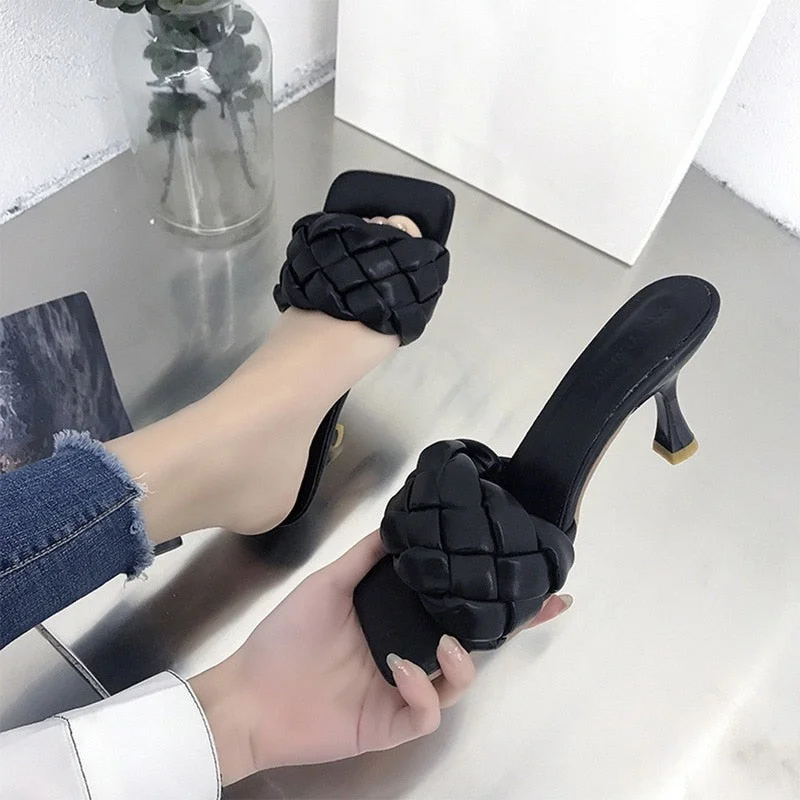 2021 Women Sandals Women Summer High Heel Slides Weave Open Toe Flat Casual Slippers Leisure Sandals Female Beach Sandals