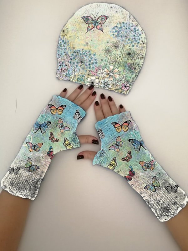 Vintage butterfly print knitted hat + fingerless gloves set