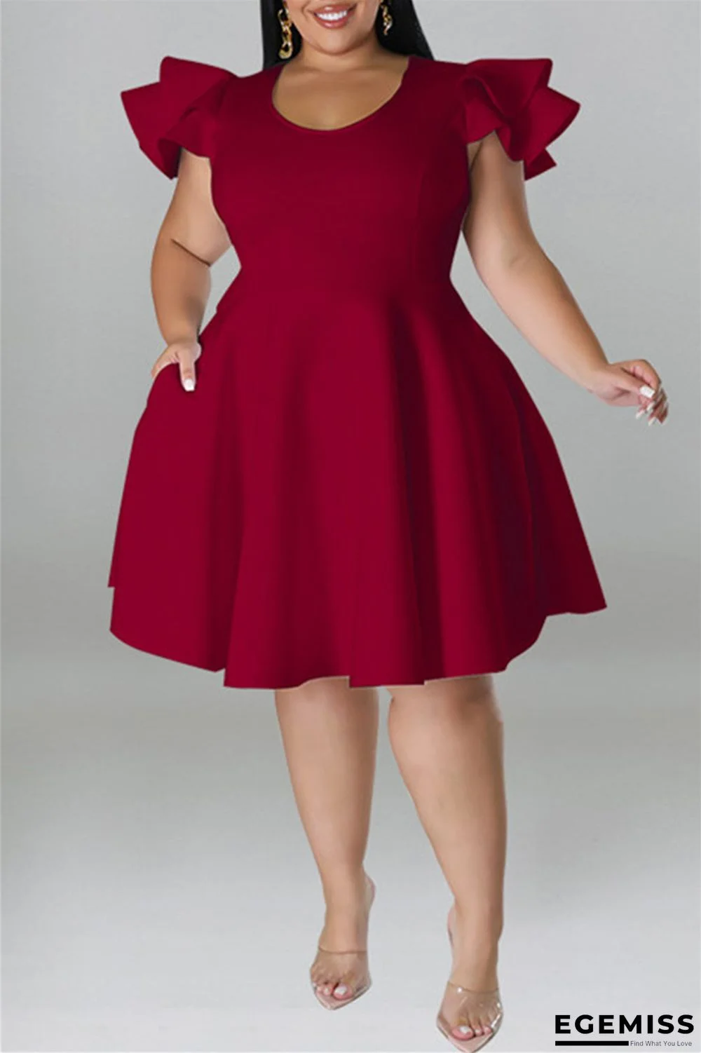 Burgundy Fashion Casual Solid Patchwork O Neck Short Sleeve Dress Plus Size Dresses | EGEMISS