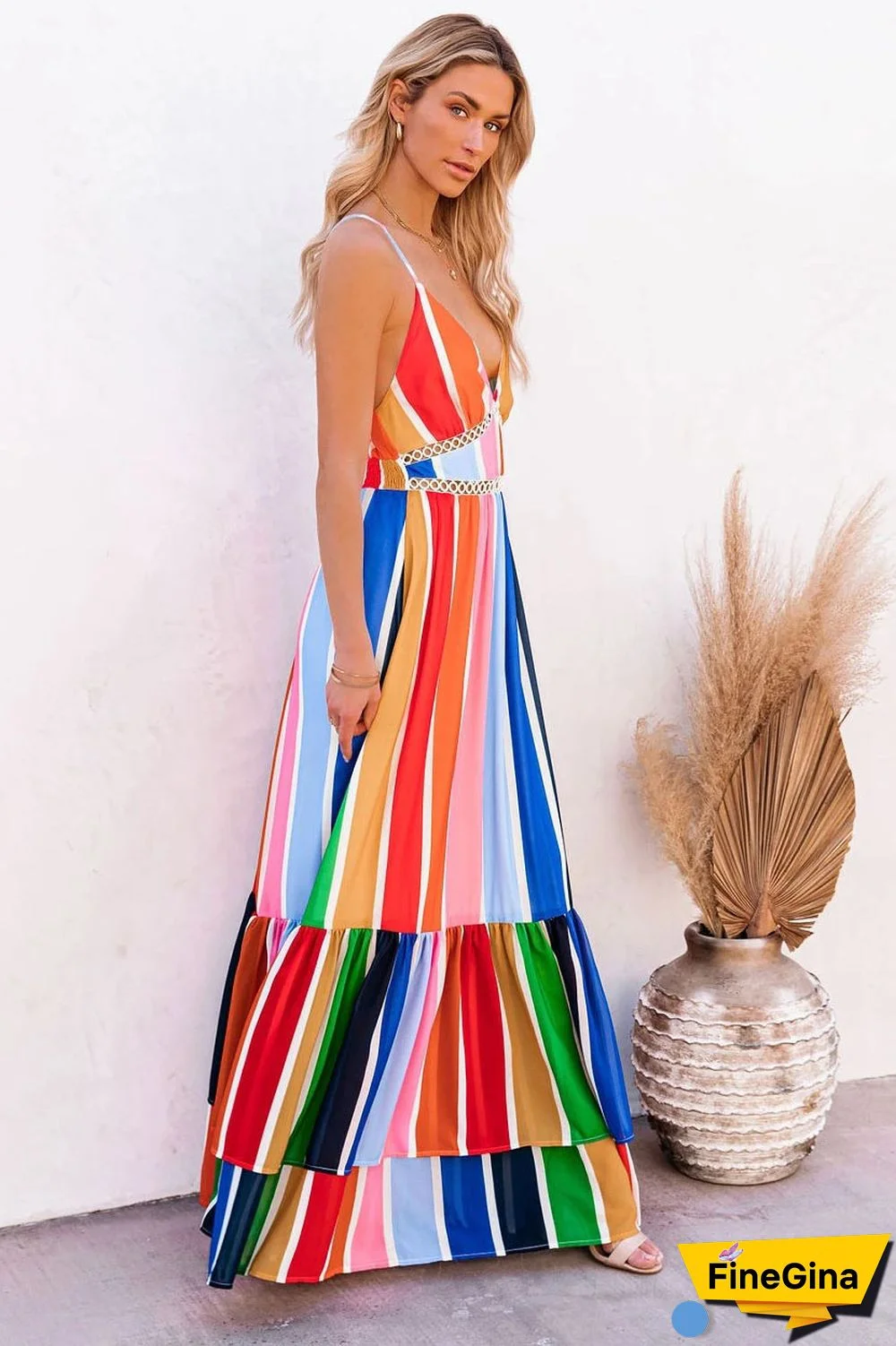 Deep V-Neck Sleeveless Backless Rainbow Stripe Evening Dress