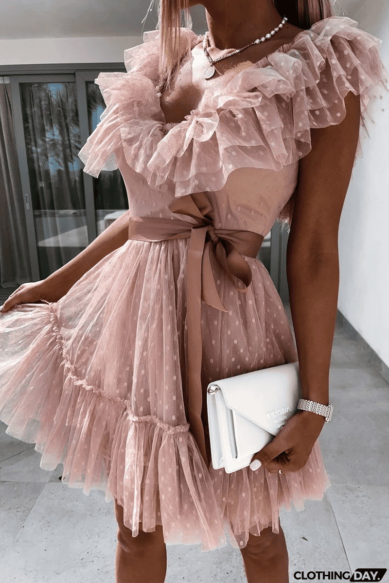 Dot Mesh V Neck Cake Skirt Dresses