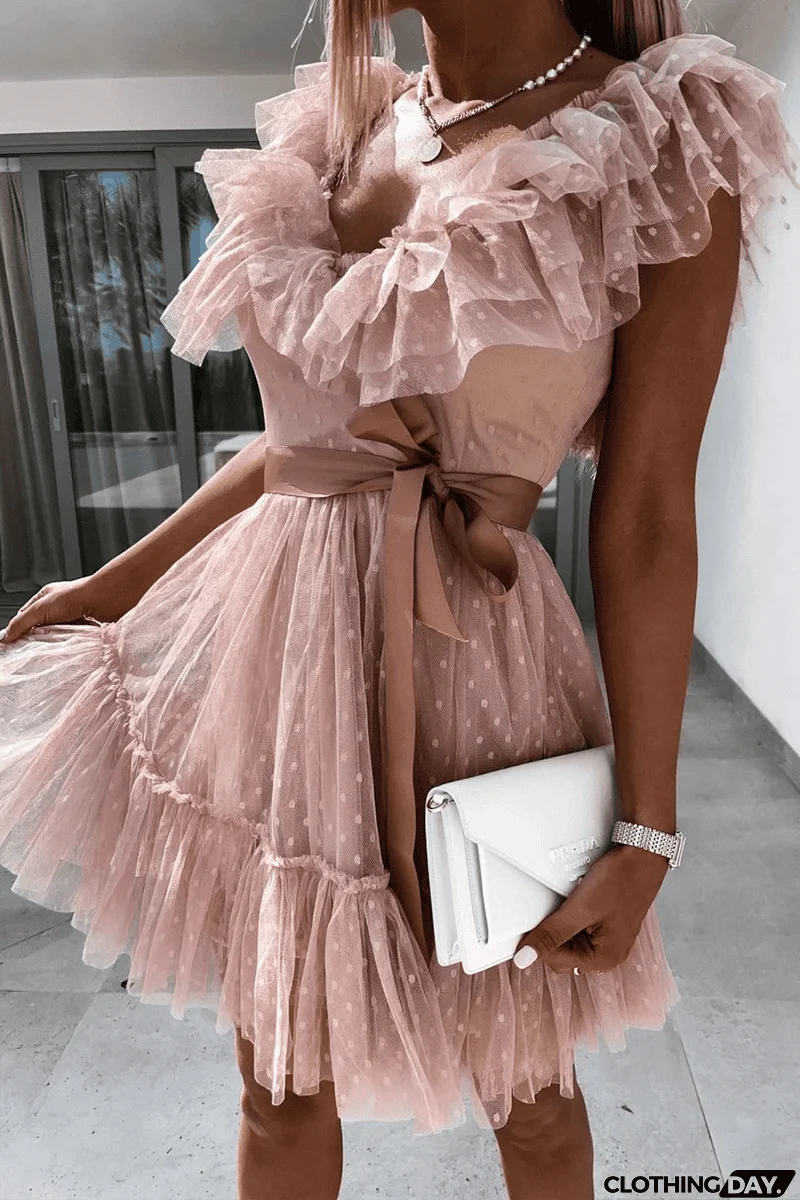 Dot Mesh V Neck Cake Skirt Dresses