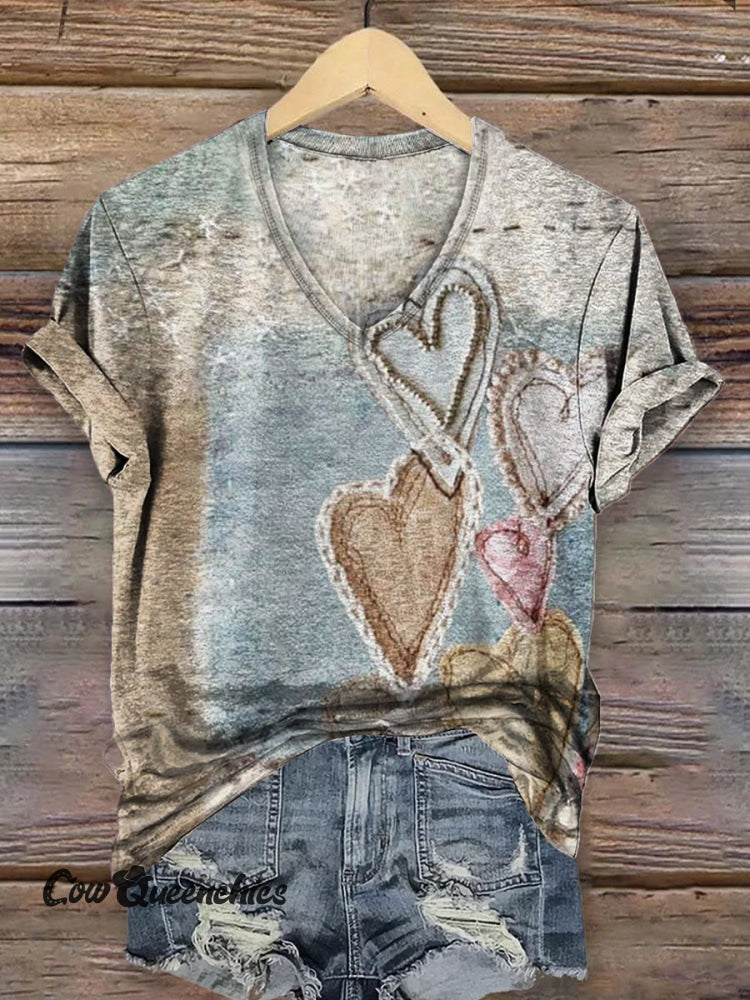 Women&rsquo;s Heart Art Print V-neck Casual T-Shirt Multicolor / S