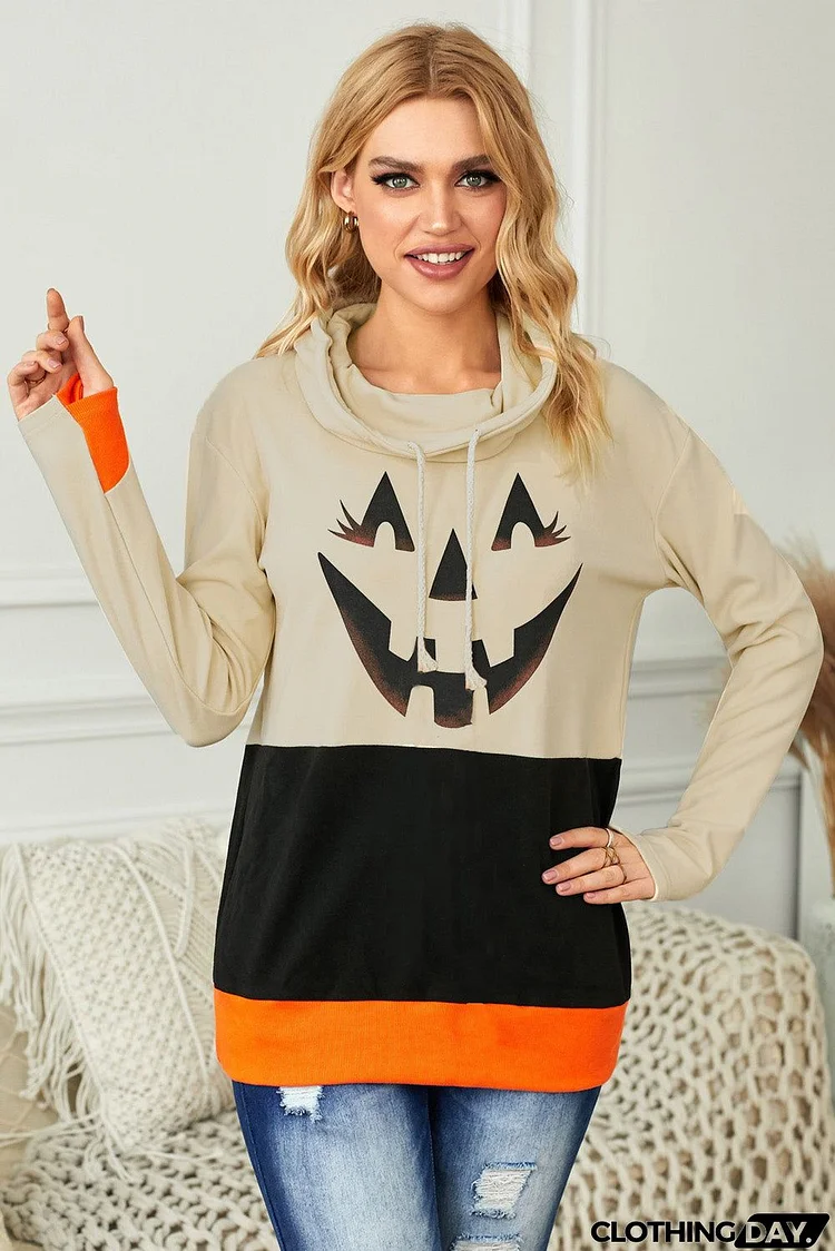 Cute Black Cowl Neck Pumpkin Print Color Block Halloween Sweatshirt