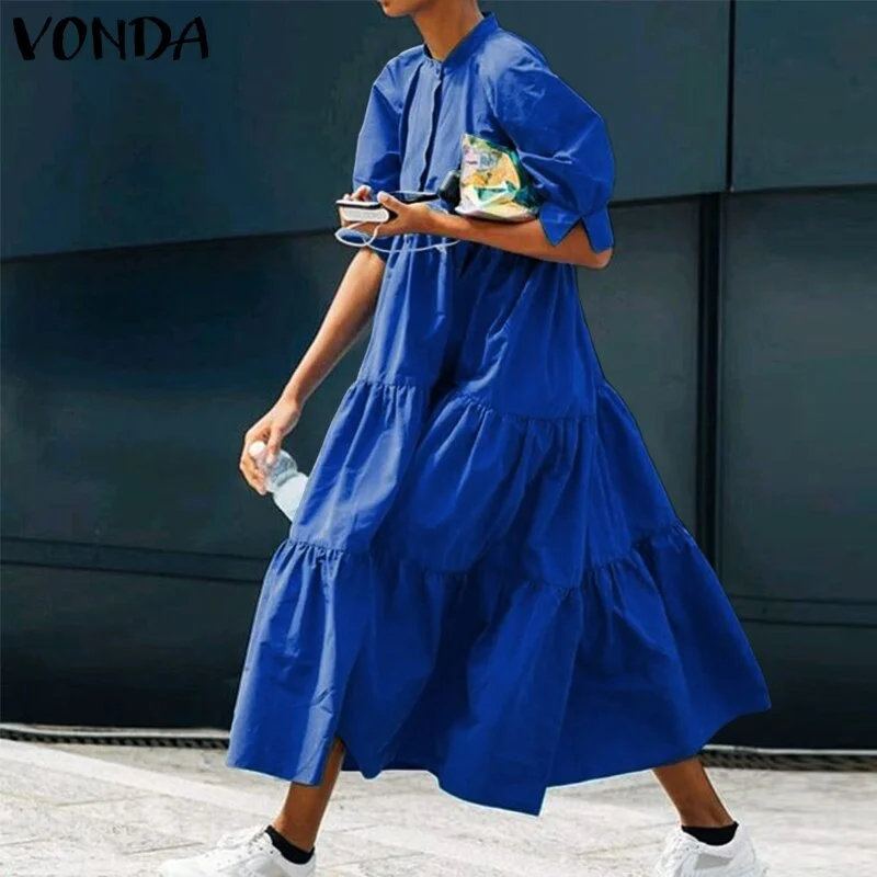 Mid-Calf Dress 2022 VONDA Woman Summer O Neck Short Lantern Sleeve Dresses Bohemian Party Vestidos Femme Mid-Calf Length Robes