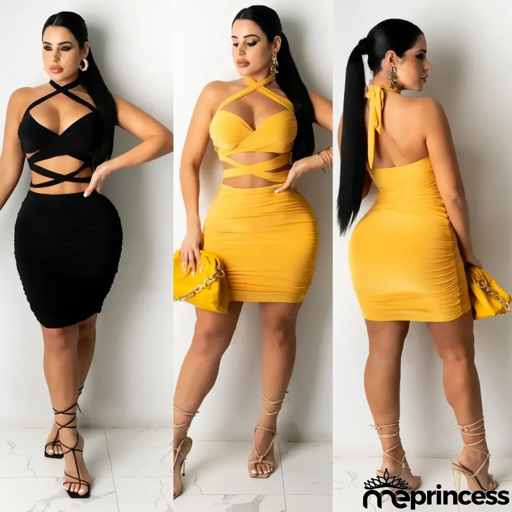 Summer Sexy Cut Out Black Halter Ruched Mini Dress