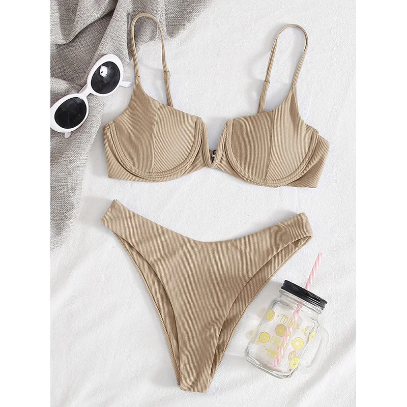Push Up Bath Suits Rib Swimsuit Sexy Bikinis Swimwear Women Summer Bikini Set Solid Color Beachwear Micro Thong Beach Biquini