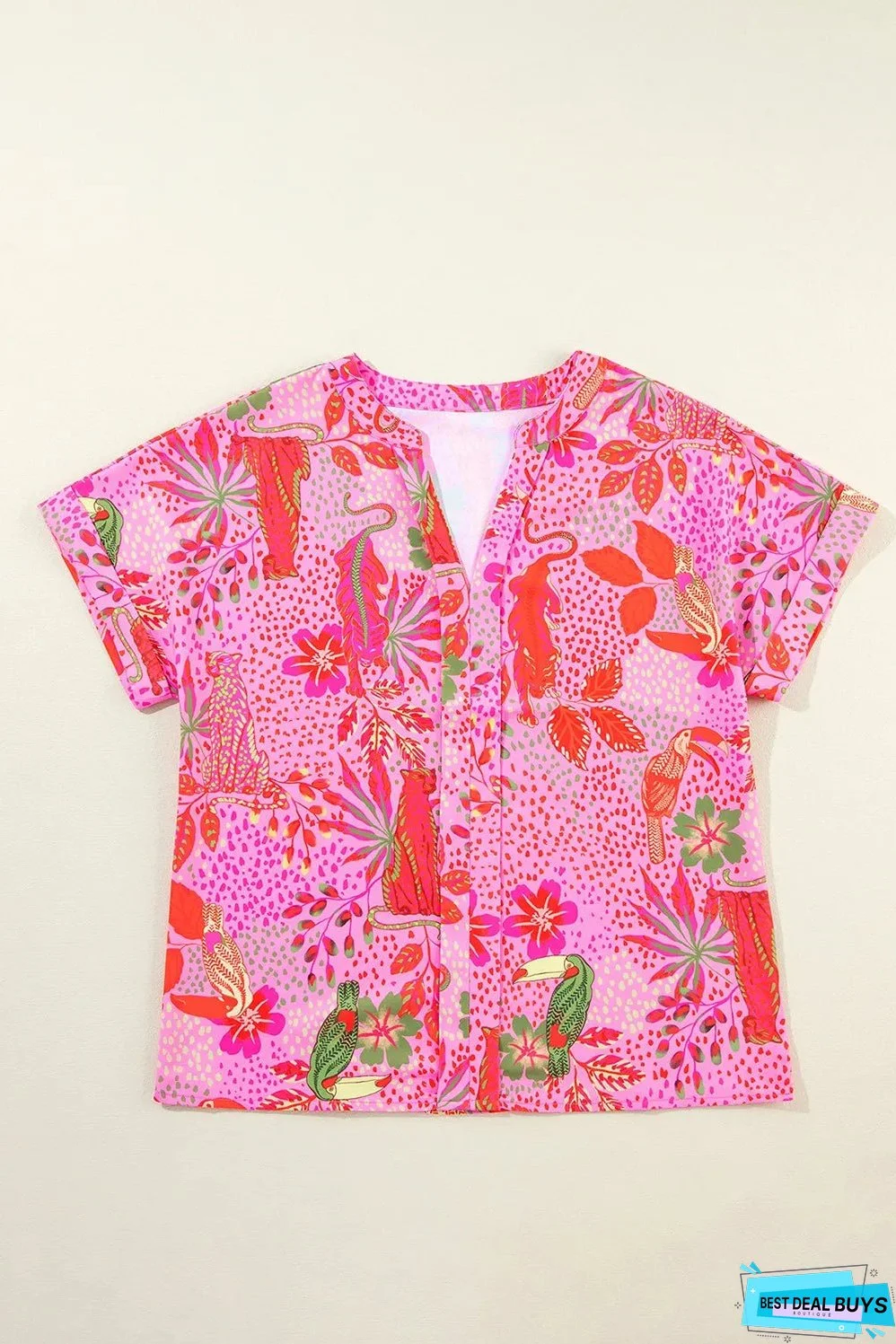Printed Notched Short Sleeve Top