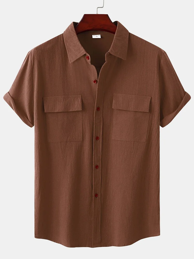 Men's Solid Color Double Pocket Comfortable Casual Short Sleeve Shirt socialshop