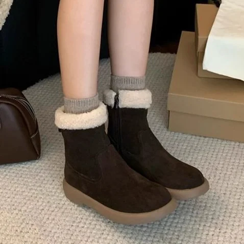 Yyvonne Boots Women Winter New Sen Series Retro Plus Velvet Cotton Shoes Flat Hair Short Boots Woman