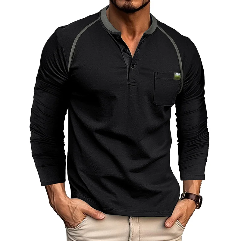 Men's Long Sleeve Henley Shirt Color-Blocked Crew Neck Mens Shirt