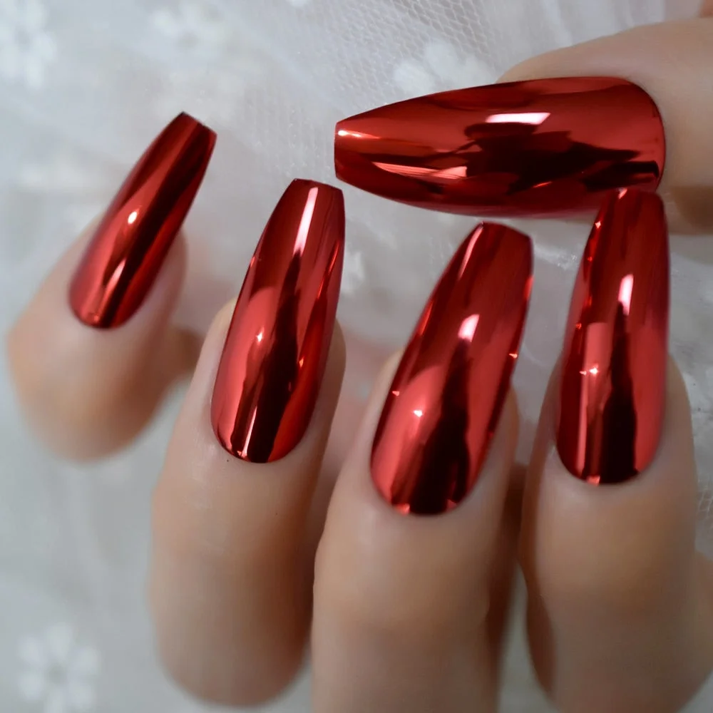 Gorgeous Mirror Fake Nails Sexy Red Metallic Ladies Fingernails Extra Long Ballerina Fashion Nail Art Tips 24-Nail Inspo