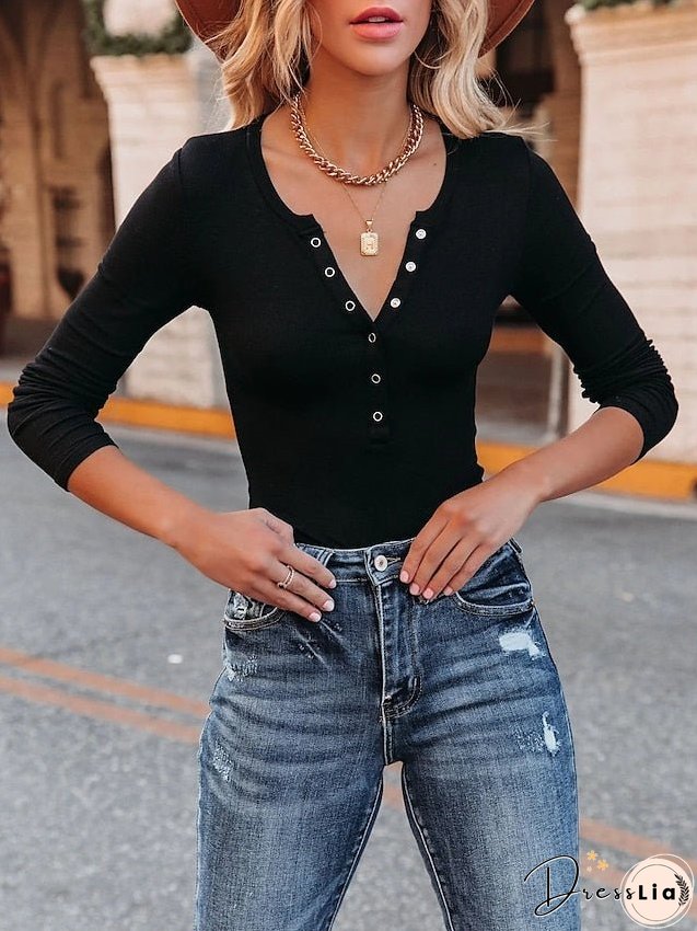 T shirt Tee Going Out Tops Henley Shirt Undershirt Black White Plain Button Long Sleeve Casual Weekend Streetwear Round Neck Regular S for Women