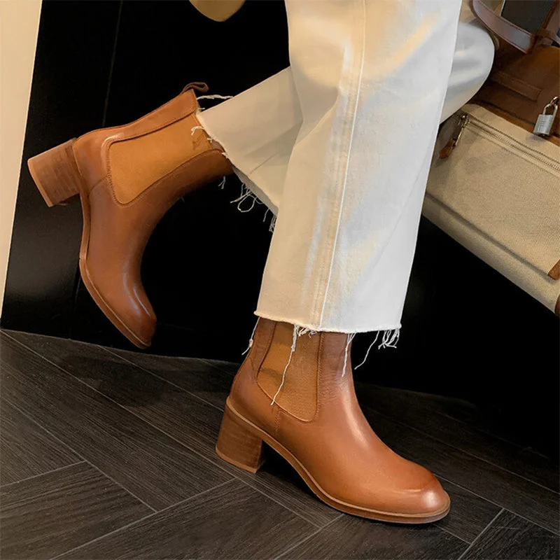 60mm Block Heel British Style Leather Chelsea Boots Handmade in Black/Brown/Coffee