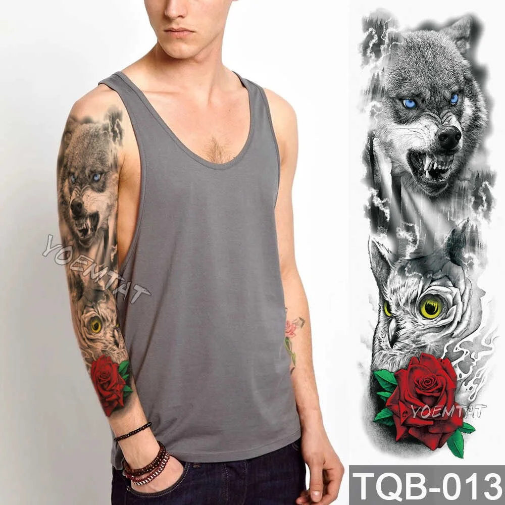 Sdrawing Arm Sleeve Tattoo Lion Crown King Rose Waterproof Temporary Tattoo Sticker Wild Wolf Tiger Men Full Skull Totem Tattoo