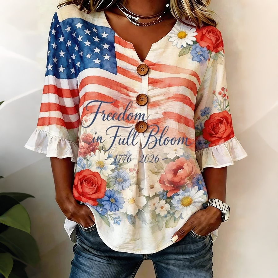 Women's Independence Day Celebration Printed Half Sleeve Casual Blouse elevenforest