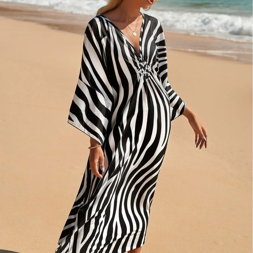 Uveng Uveng Middle Woven Polyester Loose Plus Size Bikini Smock Beach Dress Sunscreen Beach Hood